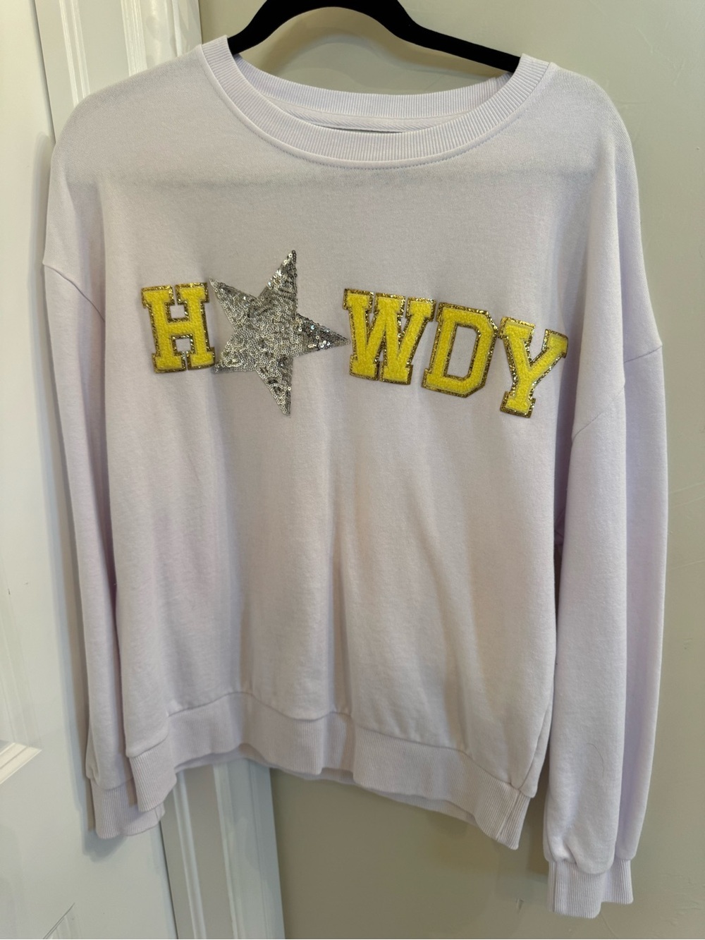Judith March Lavender Sweatshirt with Yellow 'Howdy' and Silver Sequin Star